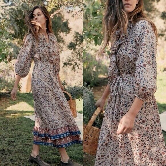 Christy Dawn The Plum Dress S Sand Anemone Vine Puff Floral Ruffle Paisley Boho - Picture 1 of 13